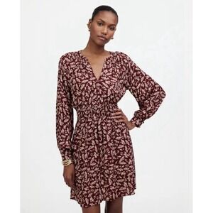Madewell Smocked Y-Neck Mini Dress Floral Long Sleeve Viscose Bordeaux Sz Small